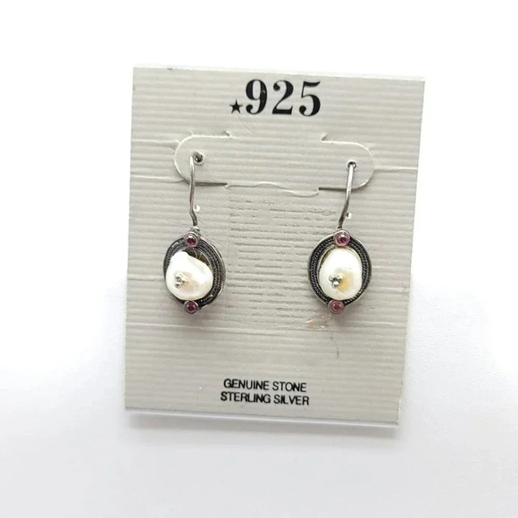 .925 Sterling Silver Pearl Garnet Dangle Vintage Earrings Please Read As Is - Picture 1 of 6